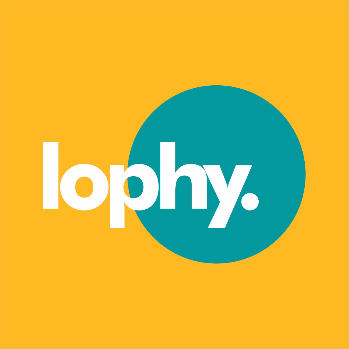 Logo Lophy bianco su fondo giallo e turchese